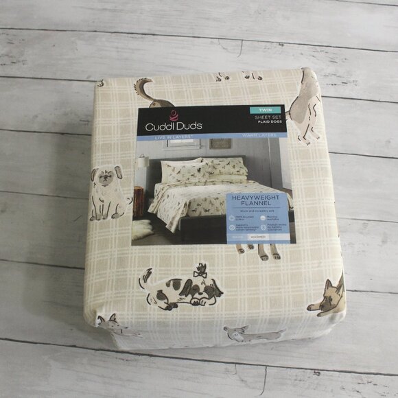 Cuddl Duds Heavyweight Flannel Sheet Set Twin Size 100% Cotton Tan Puppy Dogs - Picture 1 of 4